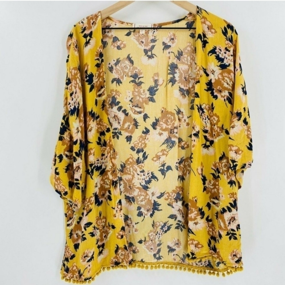 Walking on Sunshine Yellow Floral Kimono Women's Large L Pom Pom Hem Flowy EUC